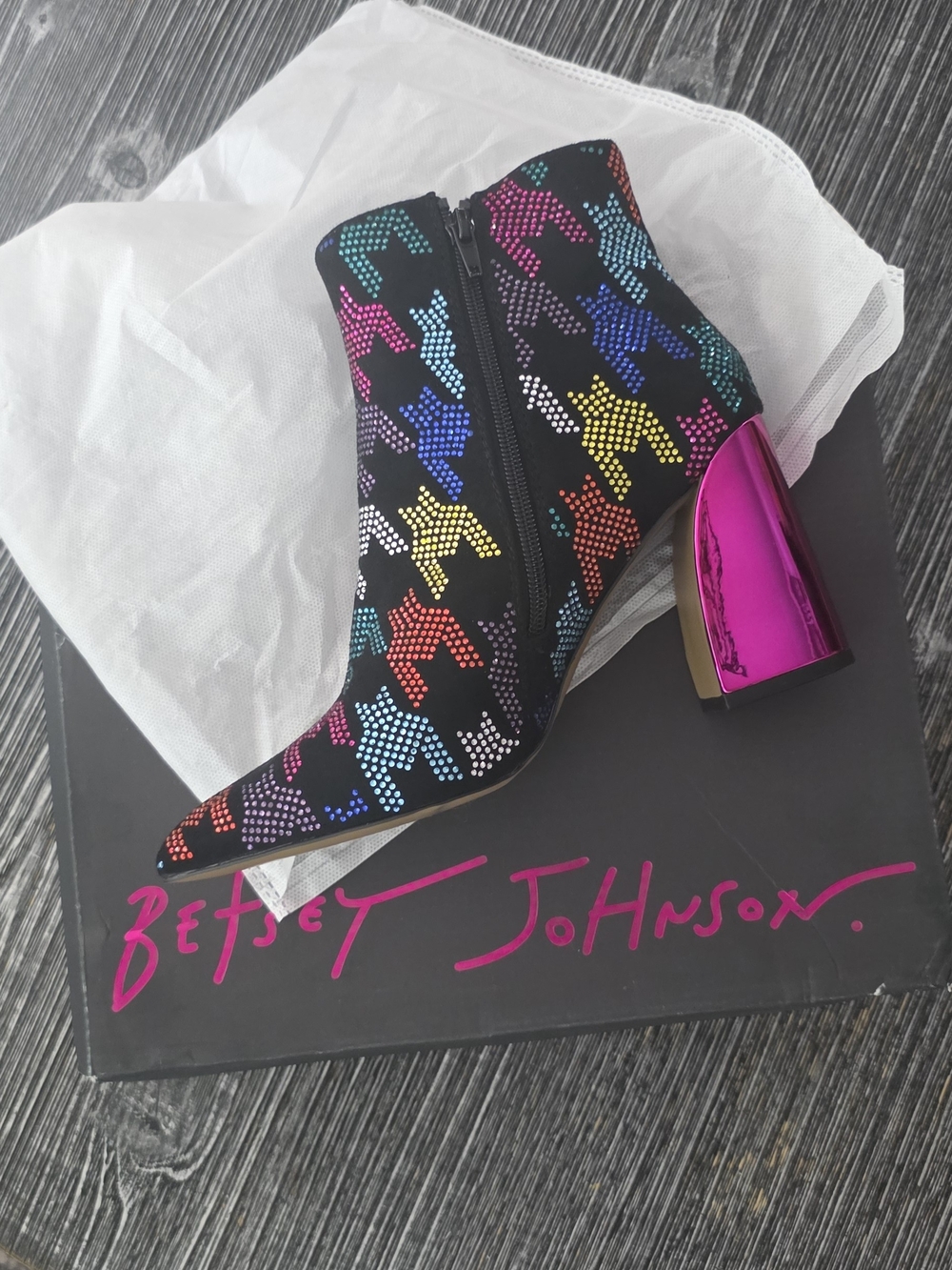 Betsey Johnson Rainbow Studded Pointed Toe Ankle Boot with Pink Metallic Heel